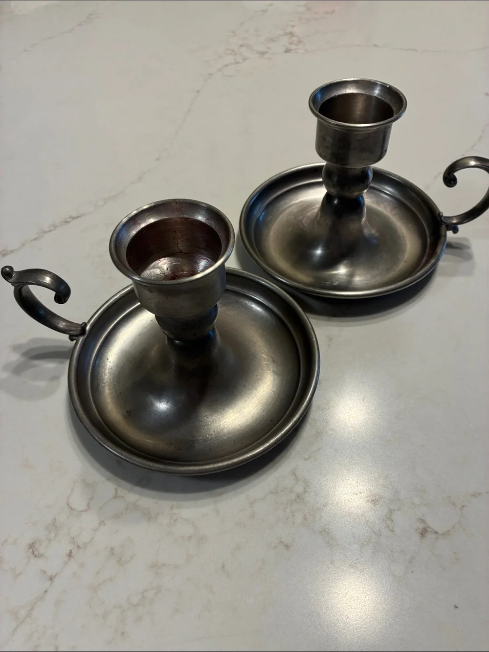 Set of large Vintage Early American Pewter Chamberstick Candle Holders by WEB